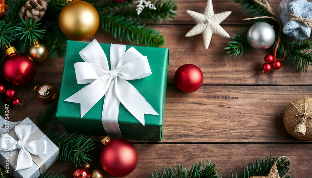 A green gift box with a white ribbon bow, surrounded by Christmas tree branches, ornaments, on a wooden surface A green gift box with a white ribbon bow, surrounded by Christmas tree branches, ornaments, on a wooden surface