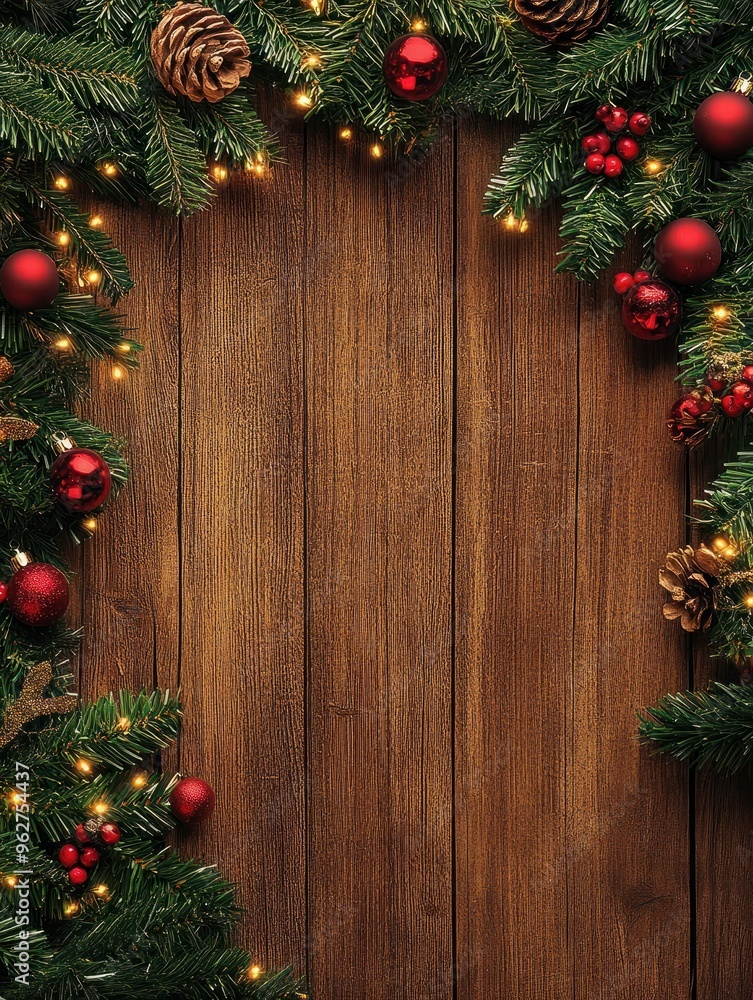 Weihnachtsschmuck Tannenzweig am oberen rand auf Holzhintergrund, Draufsicht Weihnachtsschmuck Tannenzweig am oberen rand auf Holzhintergrund, Draufsicht