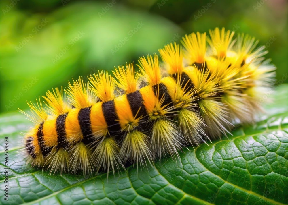 Vibrant yellow wooly bear caterpillar with distinctive stripes and fuzzy fur crawls on a green leaf, showcasing its unique texture and natural habitat. Vibrant yellow wooly bear caterpillar with distinctive stripes and fuzzy fur crawls on a green leaf, showcasing its unique texture and natural habitat.