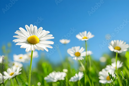 Radiant Summer Bliss: Sunlit Daisy Field in Bloom with Bright White Petals and Lush Greenery