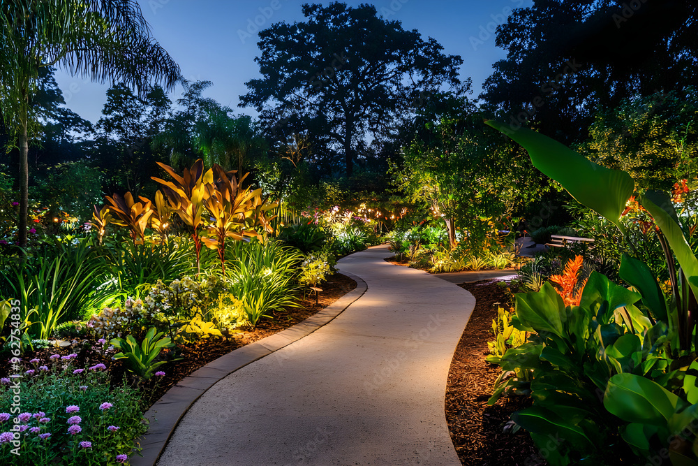 Naklejka premium Enchanting Moonlit Botanical Garden with Exotic Plants and Illuminated Pathways for Magical Nighttime Strolls