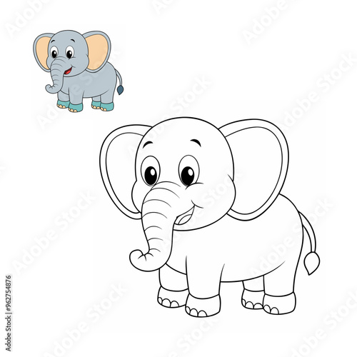 Adorable kids coloring page featuring a playful, cartoon elephant with simple outlines. Perfect for young children, this easy-to-color design promotes creativity and fine motor skills. photo