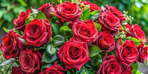 Vivid Bouquet Of Crimson Roses With Lush Petals Unfolding Amidst Intricate Foliage, Perfect For Capturing The Essence Of A Special Celebration.