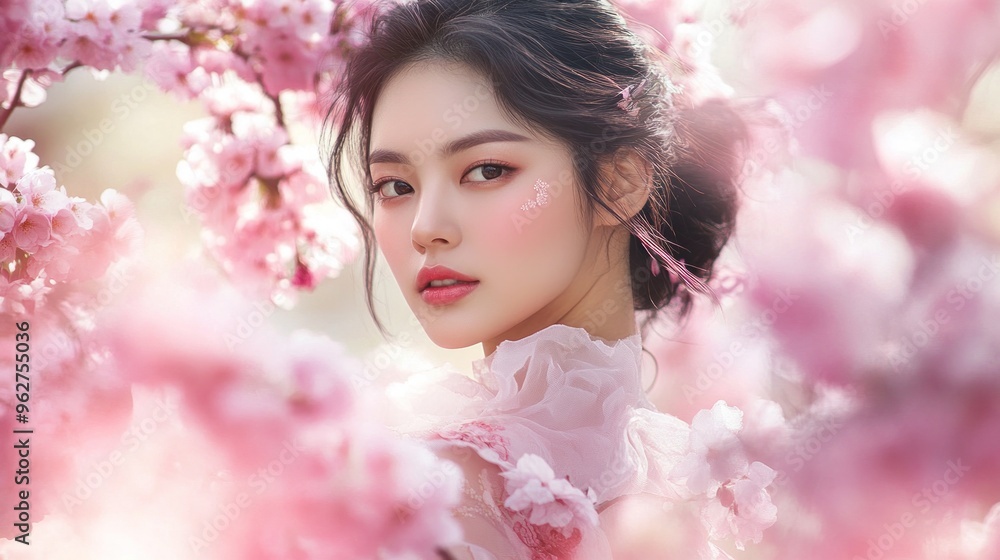 A Korean girl with glowing skin walks through a cherry blossom garden in full bloom. Fashion photo A Korean girl with glowing skin walks through a cherry blossom garden in full bloom. Fashion photo