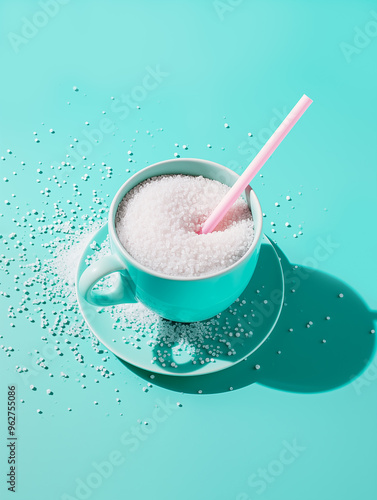 Mug full of sugar with straw, isolated turquoise background with shadows. Minimal creative concept of addiction of sweet food, hidden sugar, sugary highly processed food and drinks. photo