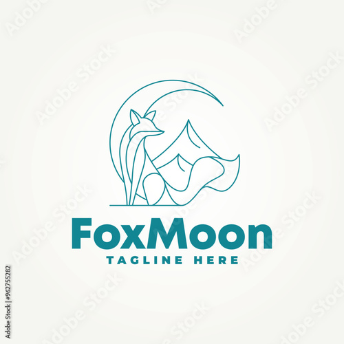 minimalist sitting fox with crescent moon and mountains line art icon logo vector illustration design. simple modern logo suitable for branding a business