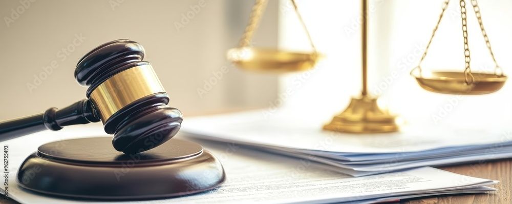 A close-up of a gavel resting on legal documents beside golden scales of justice, symbolizing law, justice, and legal authority A close-up of a gavel resting on legal documents beside golden scales of justice, symbolizing law, justice, and legal authority