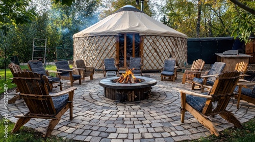 A yurt with a circular outdoor seating area, including chairs and tables arranged around a central fire pit. photo