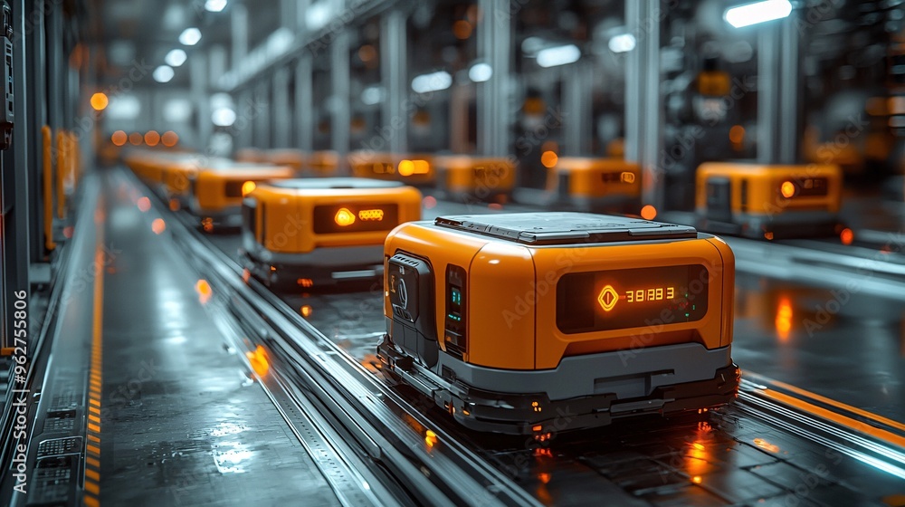 A futuristic logistics hub with AR-guided robots and drones optimizing package sorting and delivery times. A futuristic logistics hub with AR-guided robots and drones optimizing package sorting and delivery times.