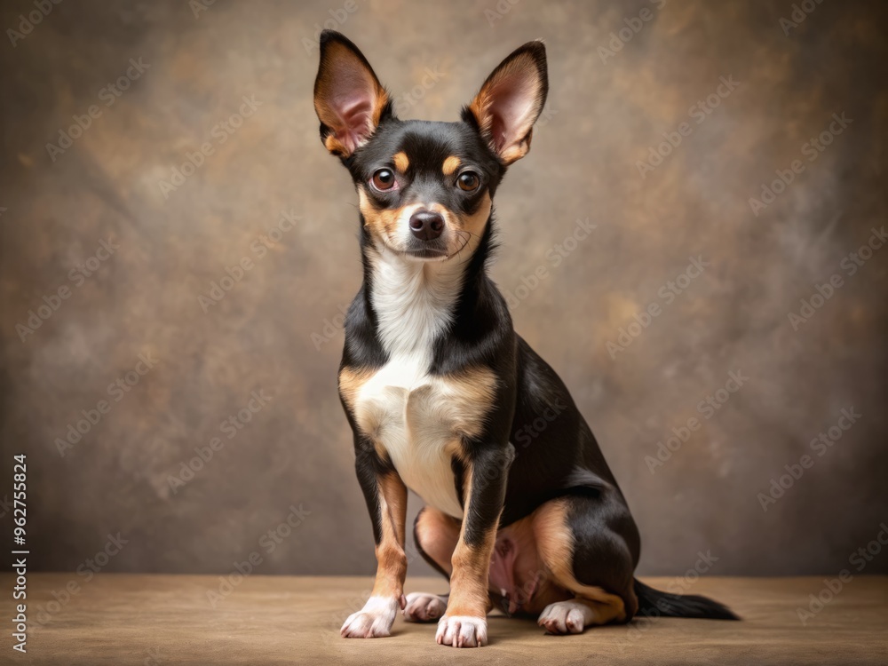 A petite dog with a smooth black coat and tan highlights perches on a rough surface, radiating a A petite dog with a smooth black coat and tan highlights perches on a rough surface, radiating a