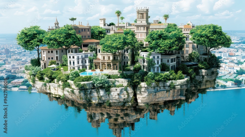 Obraz premium A floating island city with lush greenery and elegant buildings above water.