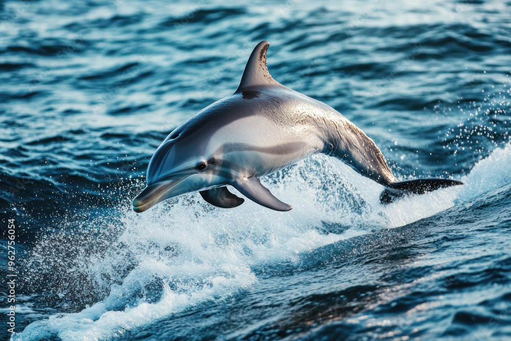 Fototapeta premium Playful Dolphin Jumping Out of Water Capturing Energetic Movement and Vibrant Colors for Marine Life and Wildlife Photography