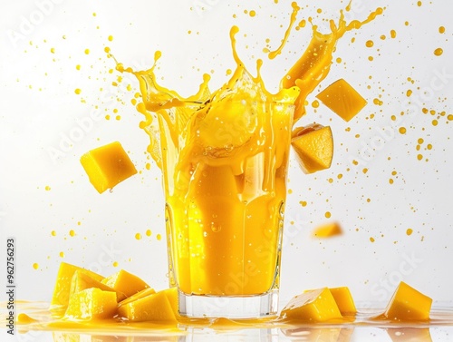 Sliced mango falling into a glass of mango juice tropical drink preparation