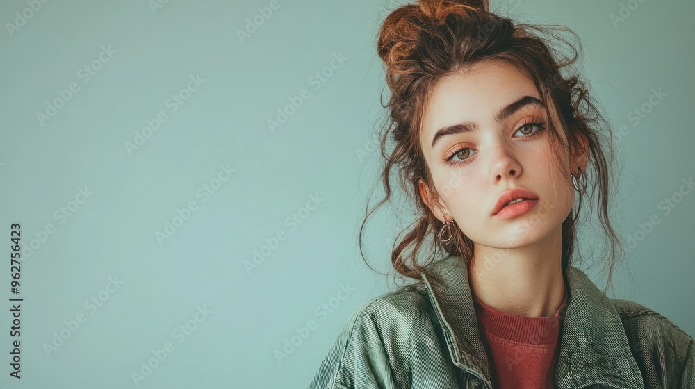 Portrait of a young woman wearing fashionable clothing, standing against a plain backdrop. Portrait of a young woman wearing fashionable clothing, standing against a plain backdrop.