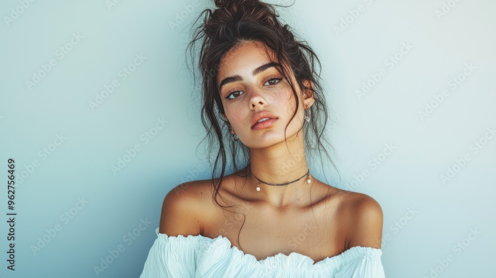 Portrait of a young woman wearing fashionable clothing, standing against a plain backdrop. Portrait of a young woman wearing fashionable clothing, standing against a plain backdrop.