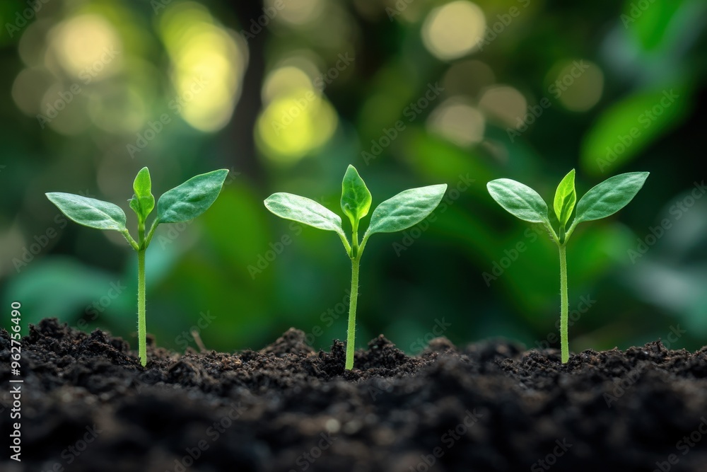 Three Young Seedlings Growing in Soil Three Young Seedlings Growing in Soil