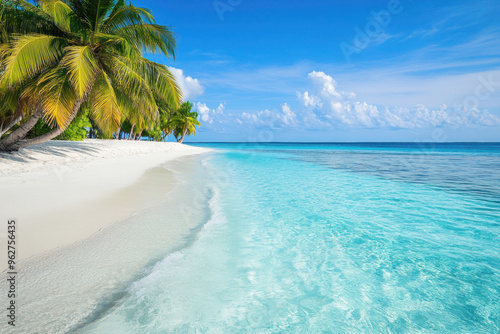 Tropical Beach with Crystal Clear Waters and Palm Trees Capturing an Inviting and Serene Atmosphere for Exotic Travel Photography