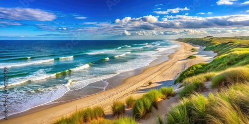 Warm sunny day at Ditch Plains Beach, with gentle waves crashing against the shore, surrounded by lush green dunes and vast open ocean views. photo