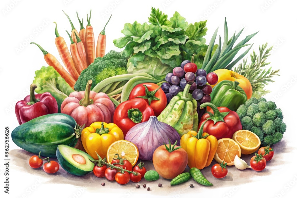 Watercolor Painting Of A Selection Of Fresh Fruit And Vegetables Displayed On A White Background. Watercolor Painting Of A Selection Of Fresh Fruit And Vegetables Displayed On A White Background.