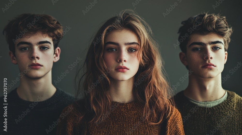 Obraz premium Portraits of young individuals with a muted or faded effect, reflecting a more subdued or nostalgic interpretation of youth culture.