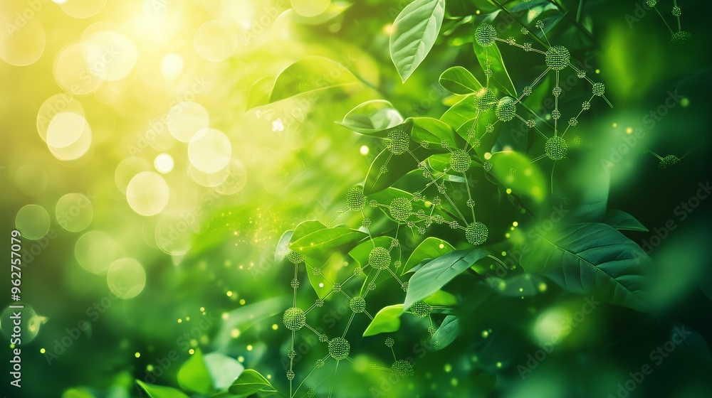 Obraz premium Abstract green leaf background with digital connections and sunlight bokeh.