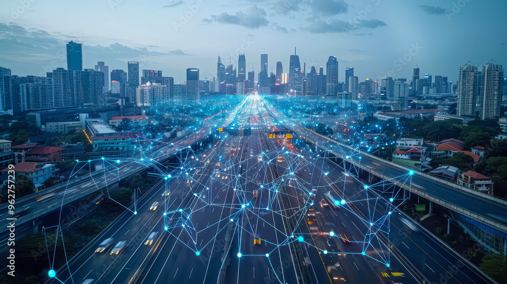 Fototapeta premium Smart city network concept with communication lines over busy cityscape at dusk showcasing IoT and ICT innovations in urban environments