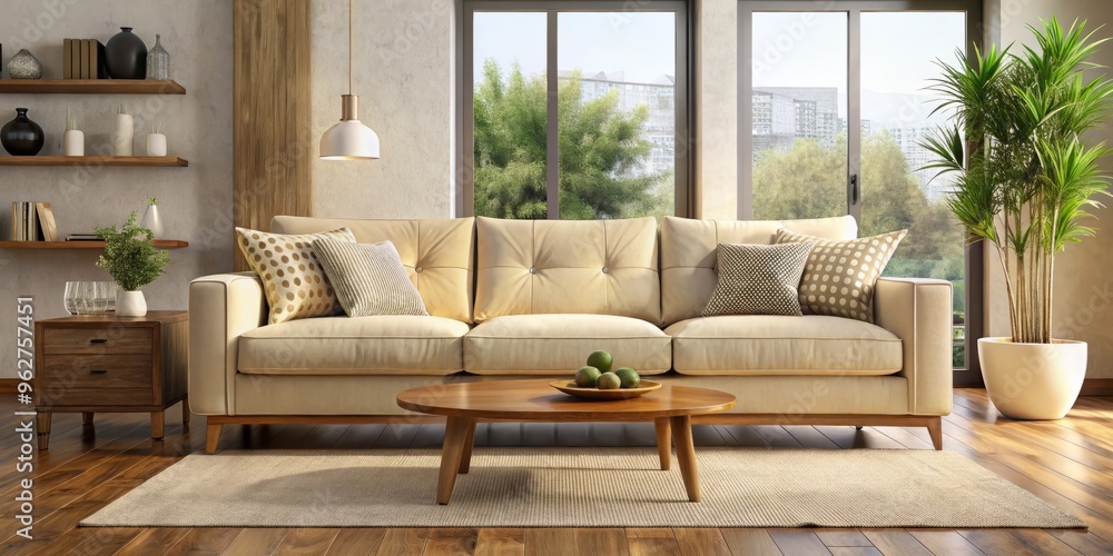 A plush, oversized sofa claims the room's attention with its soft cream-colored fabric and sturdy wooden legs, a A plush, oversized sofa claims the room's attention with its soft cream-colored fabric and sturdy wooden legs, a