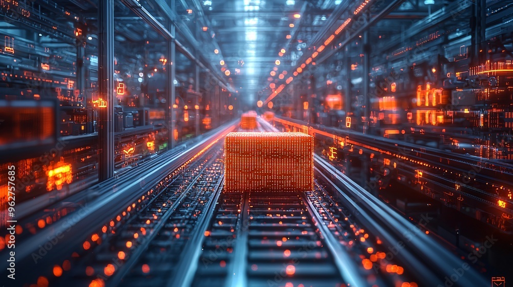 A futuristic AR visualization showing the status of packages in a hyper-efficient logistics network. A futuristic AR visualization showing the status of packages in a hyper-efficient logistics network.