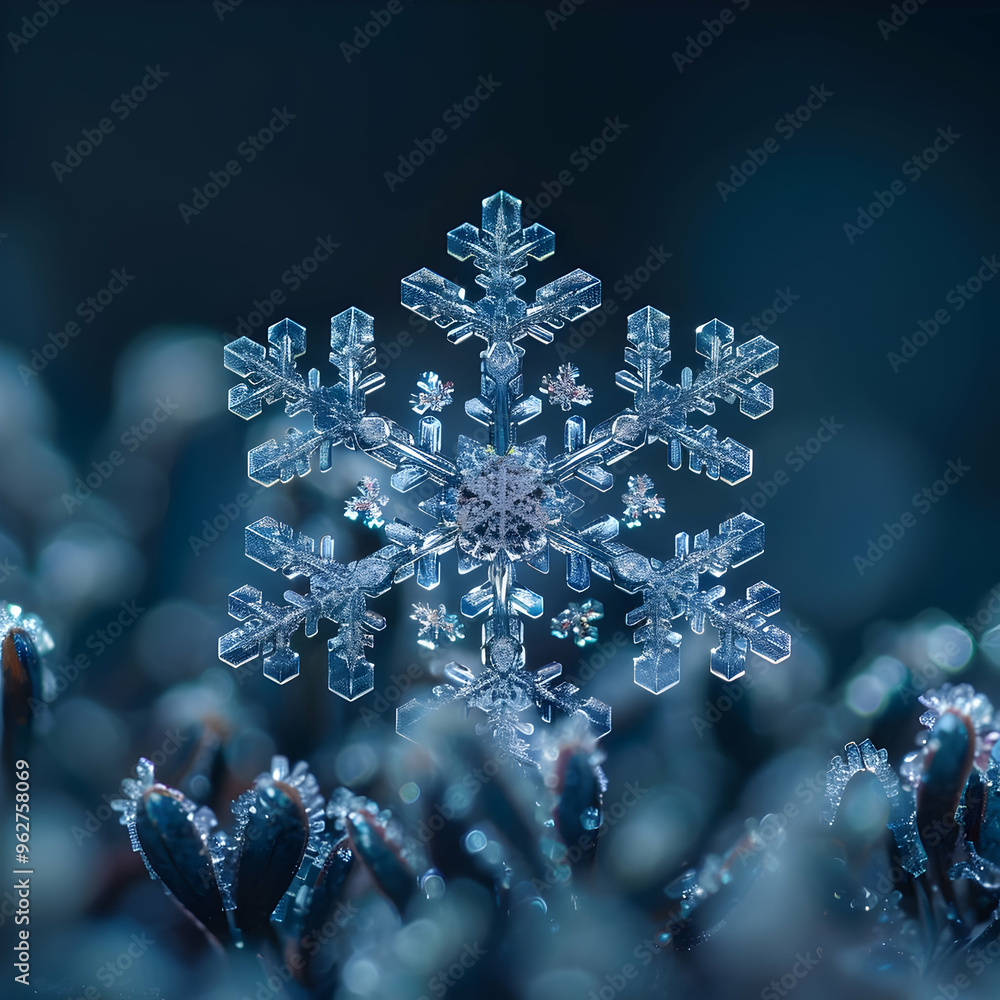 Macro Photography of a Snowflake on a Blue Background - Illustration Macro Photography of a Snowflake on a Blue Background - Illustration