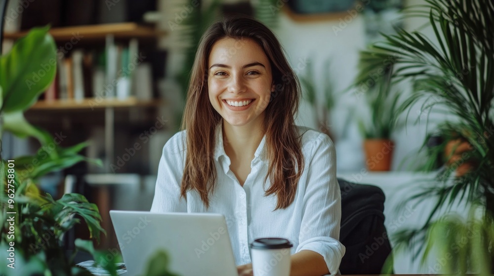 Cheerful white shirt woman working with laptop in her home Work at home concept Cheerful white shirt woman working with laptop in her home Work at home concept