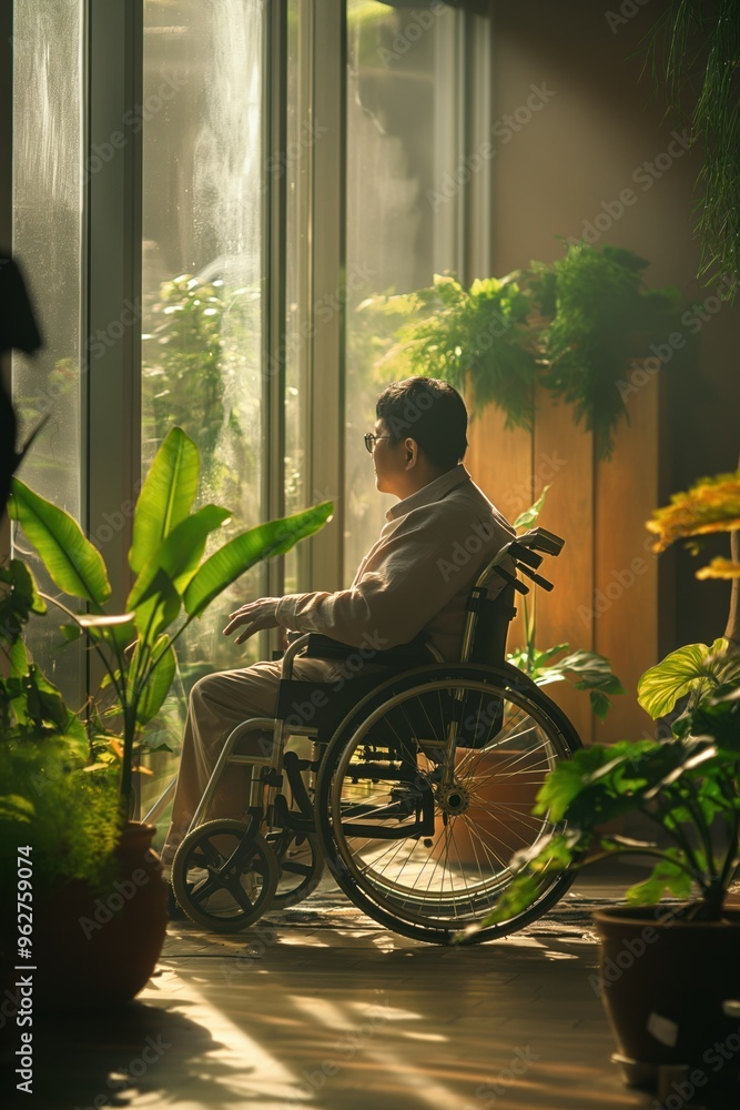 Wheelchair user tends plants in cozy room with large window. Person in wheelchair sits near glass door, surrounded by lush greenery and natural light. Indoor gardening concept with accessible design. Wheelchair user tends plants in cozy room with large window. Person in wheelchair sits near glass door, surrounded by lush greenery and natural light. Indoor gardening concept with accessible design.