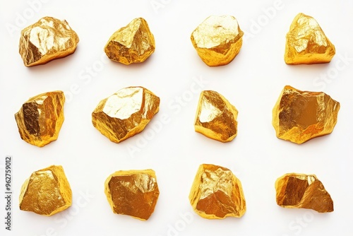 Collection of shiny golden nuggets on white background.