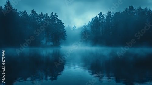 Silhouetted trees reflected in a misty lake at dusk.