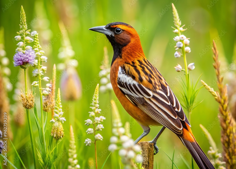 Fototapeta premium A rust-colored bird, distinguished by its long, pointed bill and striking black and white stripes, is slowly foraging