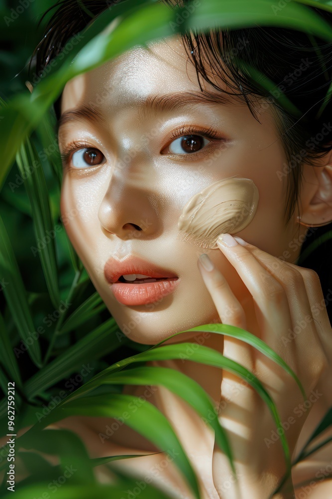 Korean model woman applies makeup with brush in beauty studio. Green foliage surrounds her. She has a smile on her face and holds the brush in her right hand. Her left hand rests on her hip. Korean model woman applies makeup with brush in beauty studio. Green foliage surrounds her. She has a smile on her face and holds the brush in her right hand. Her left hand rests on her hip.