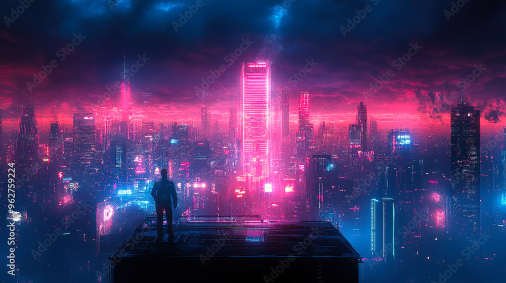 Fototapeta premium Futuristic Cyberpunk Cityscape with Neon Pink and Blue Lights, Lone Figure on Rooftop at Night, Atmospheric Dystopian Urban Landscape, Sci-Fi Aesthetic