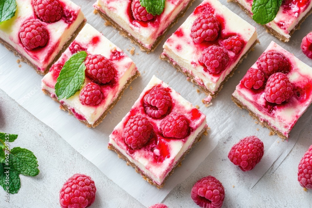 A top down view of raspberry cheesecake bars, garnished with fresh raspberries and mint leaves