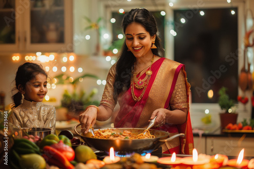 A woman in traditional Indian attire, wearing a red and gold sari, stands with her daughter, cooking together on the stove photo