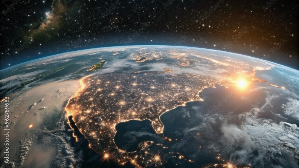 Fototapeta premium Earth from Space: A Panoramic View of Glowing City Lights and the Starry Horizon at Dusk