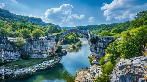 A scenic view of a historic stone bridge over a river, surrounded by lush greenery and blue skies.