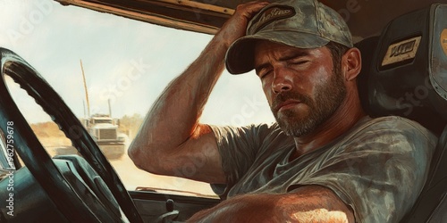 Man in truck with a worried expression. photo