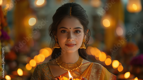 Young beautiful woman in traditional saree and jwelery holding oil lamp on diwali festival photo