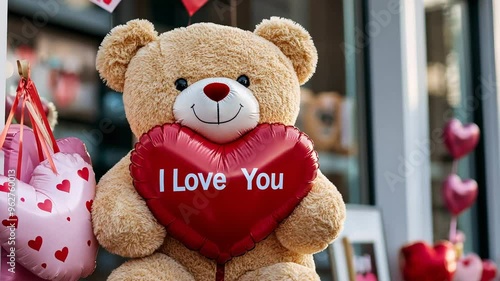 A large teddy bear holding a red heart-shaped I Love You balloon, ideal for Valentine's Day or romantic occasions