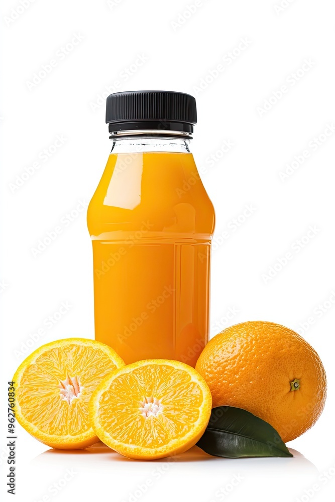 Fresh Orange Juice Bottle With Sliced Oranges isolated on a white background Fresh Orange Juice Bottle With Sliced Oranges isolated on a white background