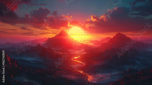 Mountain Landscape Sunset Illustration