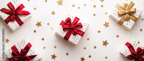 Gifts Wrapped in White Paper with Red and Gold Ribbons Surrounded by Gold Stars on a White Background