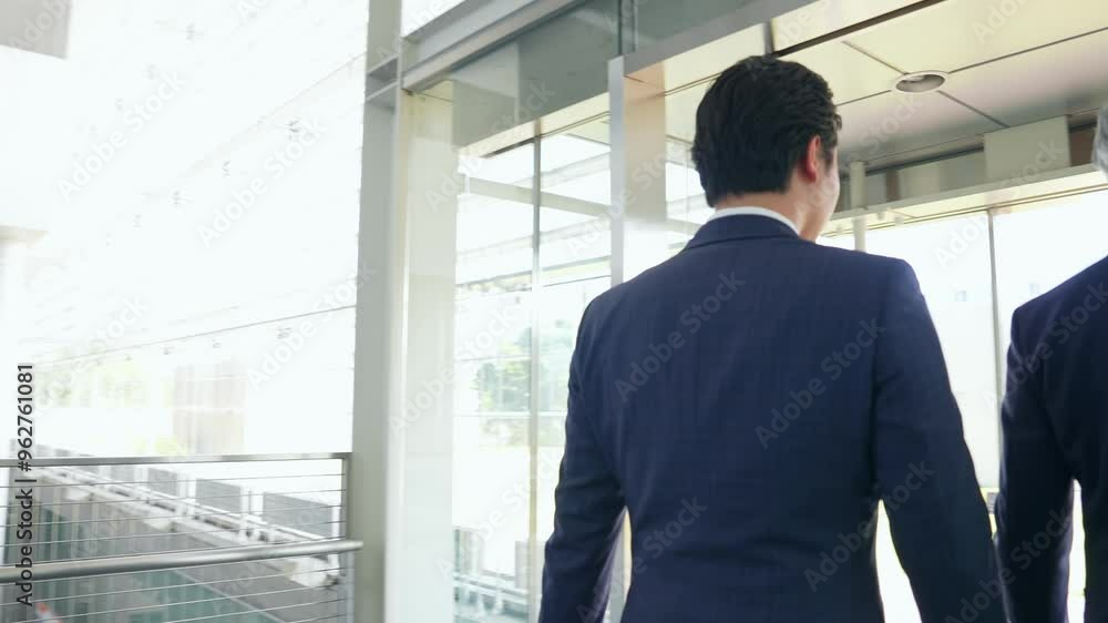ビルから屋外に出る二人のビジネスパーソン ビルから屋外に出る二人のビジネスパーソン