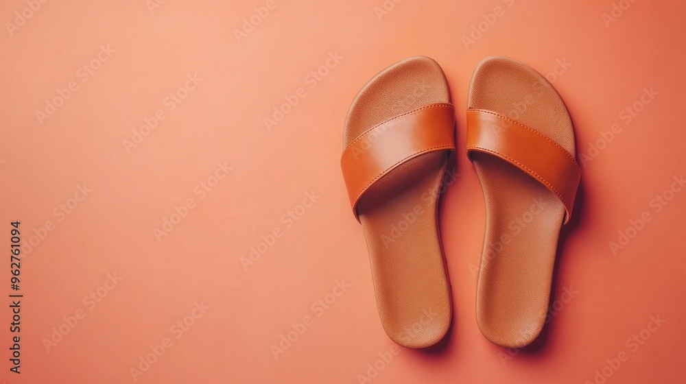 A pair of stylish brown sandals on a coral background, ideal for casual summer wear. A pair of stylish brown sandals on a coral background, ideal for casual summer wear.