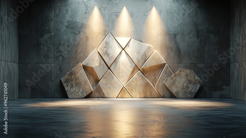 Abstract light rays forming geometric shapes, deep shadows, high contrast, modern artinspired stage design photo