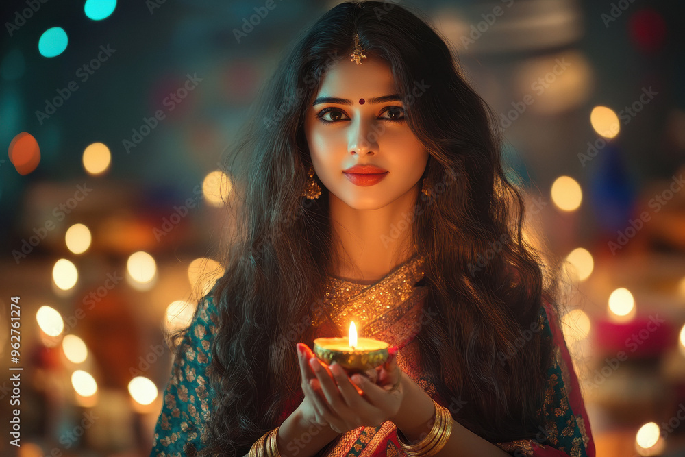 Young beautiful woman in traditional saree and jwelery holding oil lamp on diwali festival Young beautiful woman in traditional saree and jwelery holding oil lamp on diwali festival